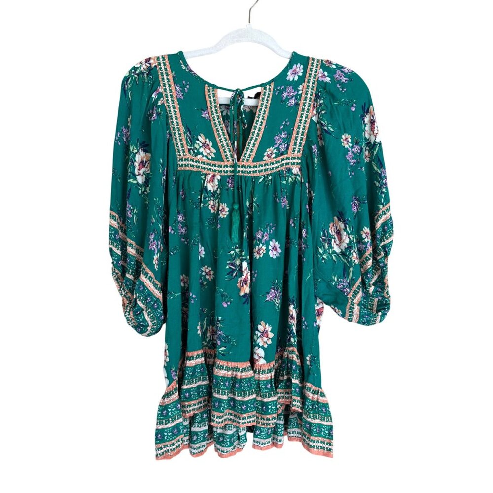 Rachel Zoe Green Floral Boho Peasant Top Puff Sleeves & Tassel Tie Neck Womens S